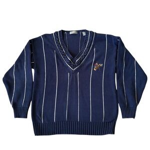 VTG Lord Taylor Mens Striped V-Neck Golf Patch Sweater Sz M Navy Preppy Golfcore